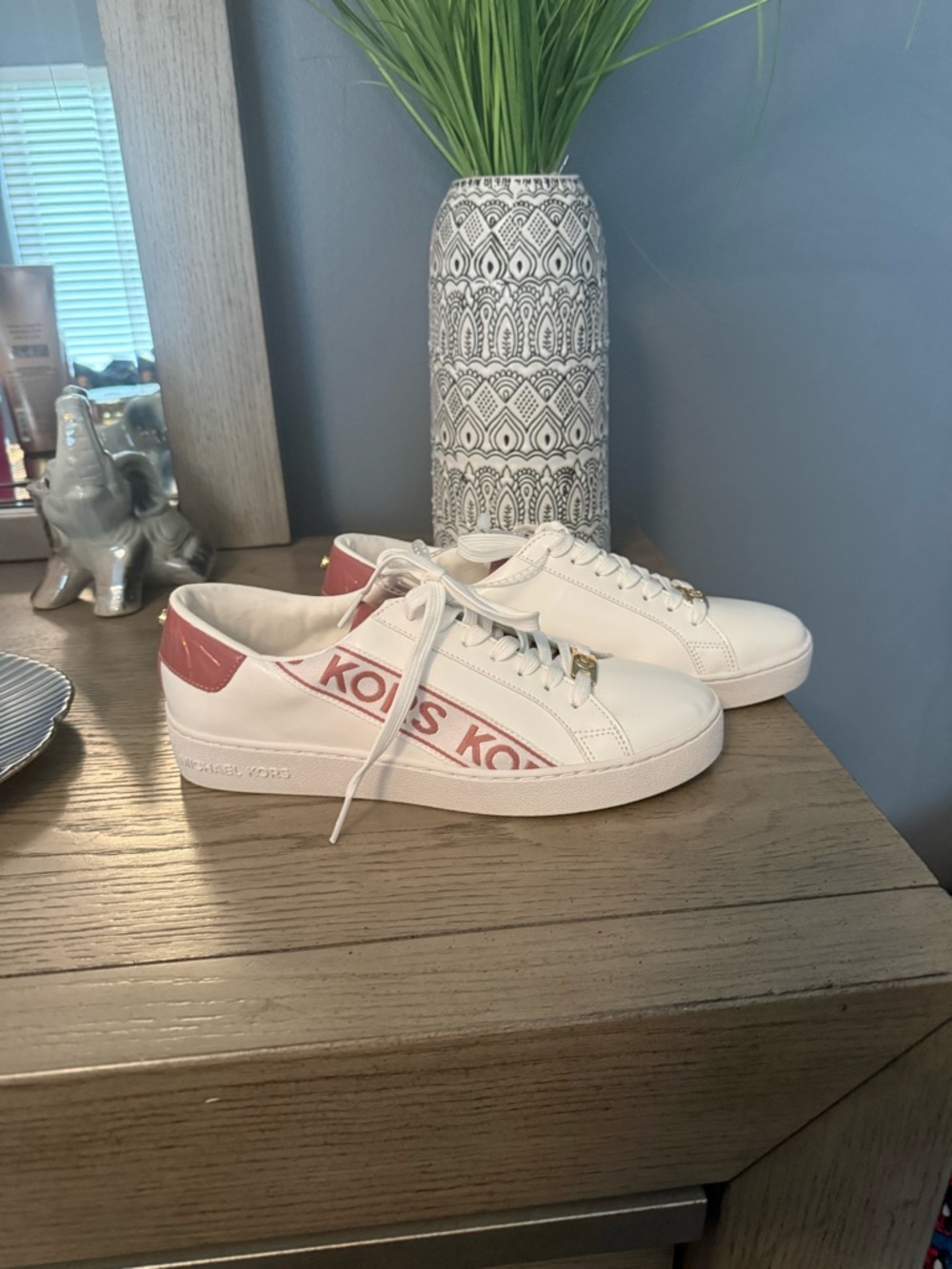 Michael Kors White Sneakers with Rose-Pink Logo Trim